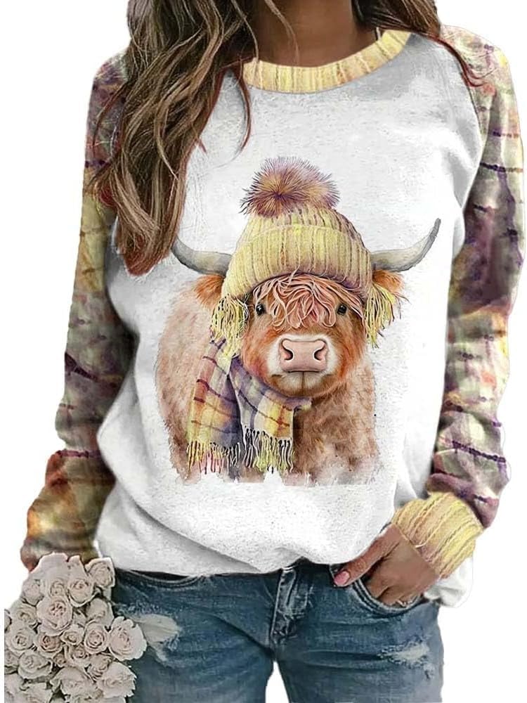Women's Retro Winter West Highland Cow Plaid Print Sweatshirt Western Vintage Shirt - Yellow
