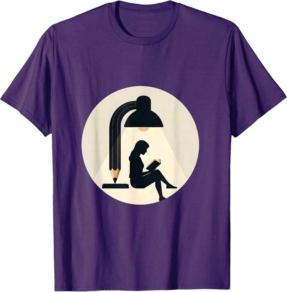 Teacher Reading Under Pencil Lamp Illustration T-Shirt - Purple