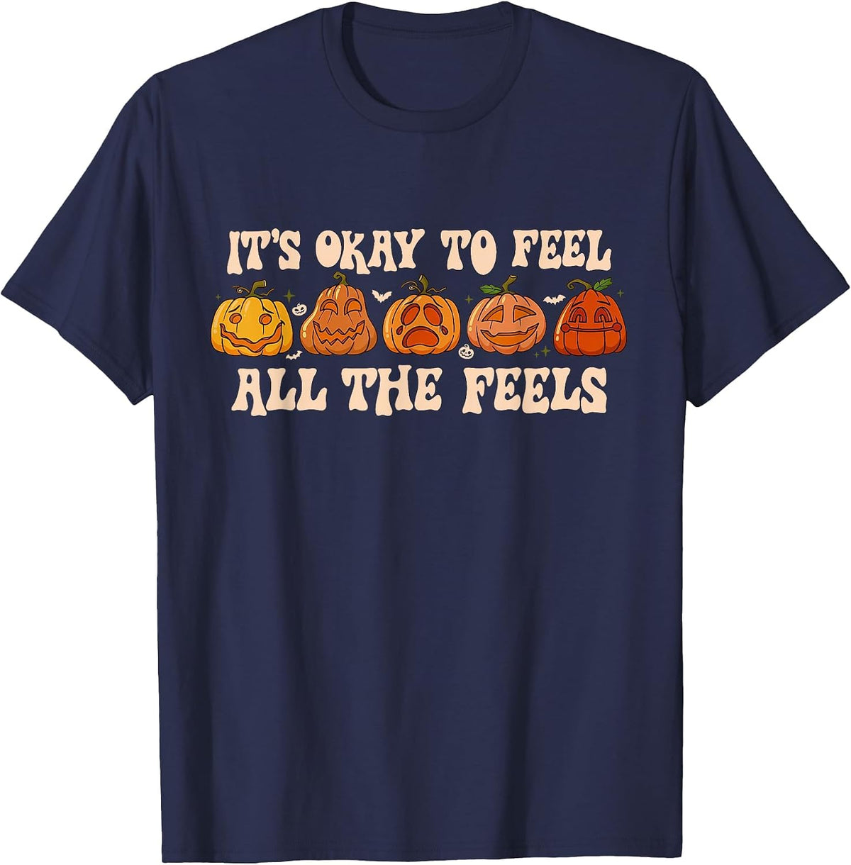 It's Okay to Feel Mental Health Fall Pumpkin Halloween T-Shirt - Navy Blue