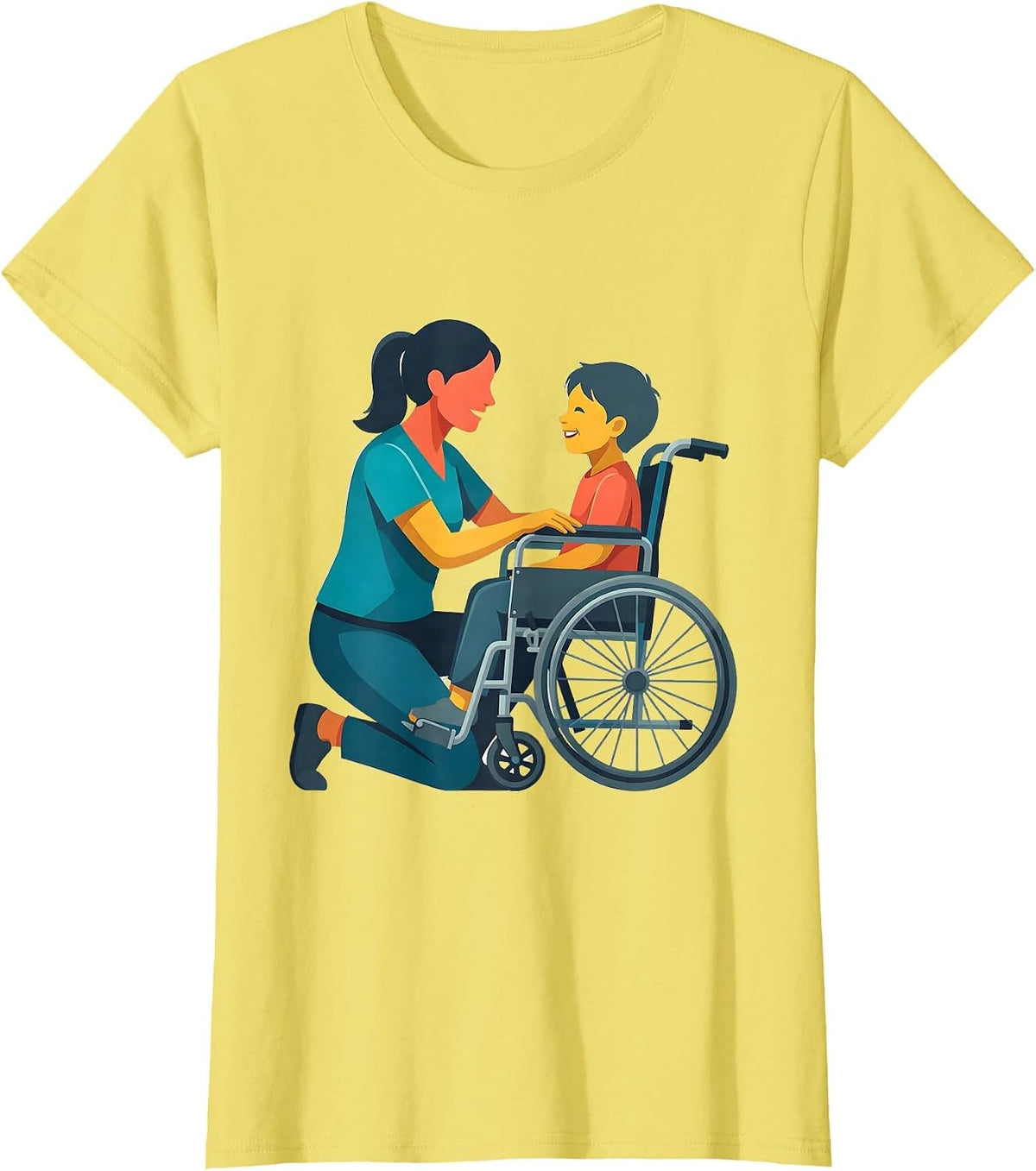 Special Education Teacher Kneeling With Wheelchair Child T-Shirt - Lemon Yellow