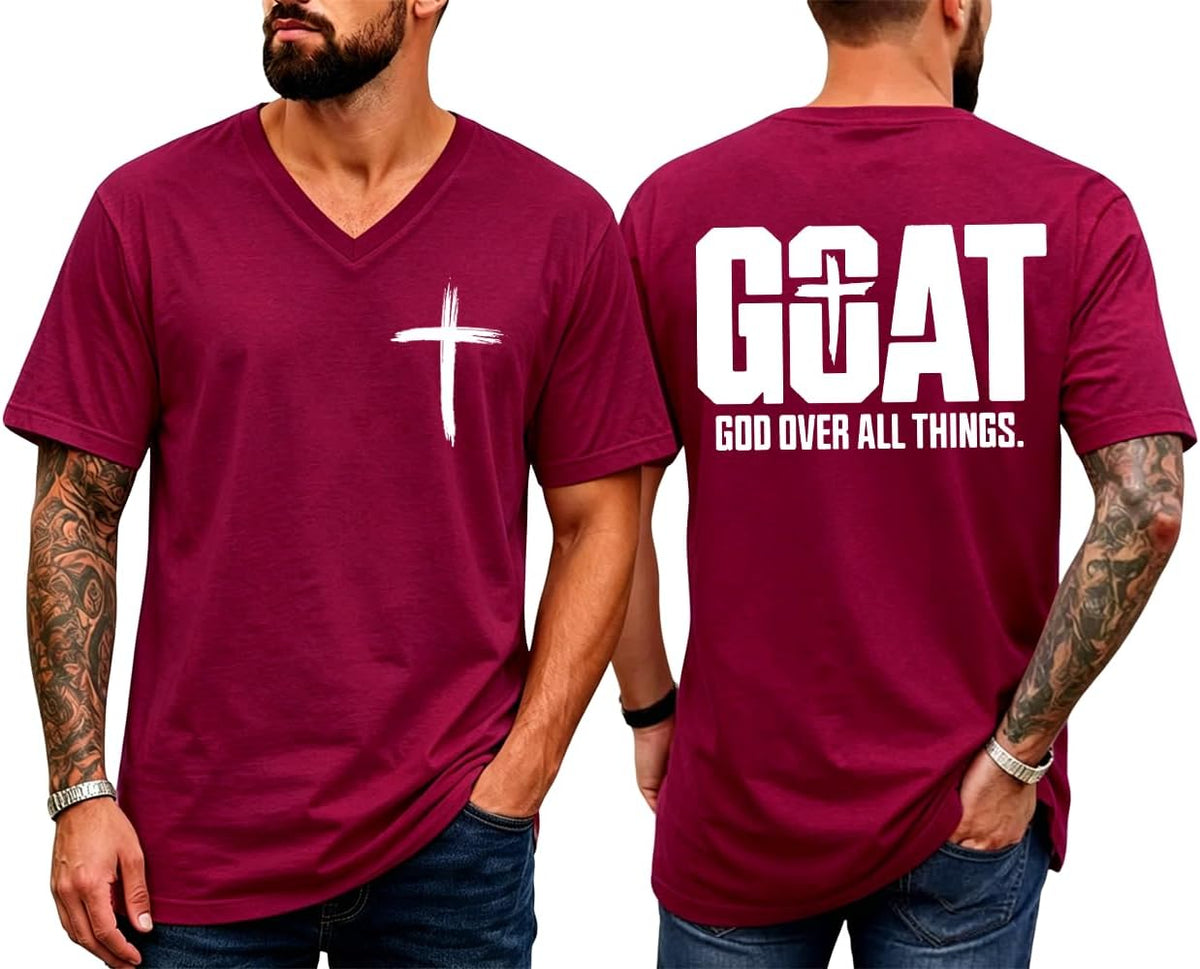 Christian Shirts for Men Goat God Over All Things T-Shirt - V-Neck Claret-1