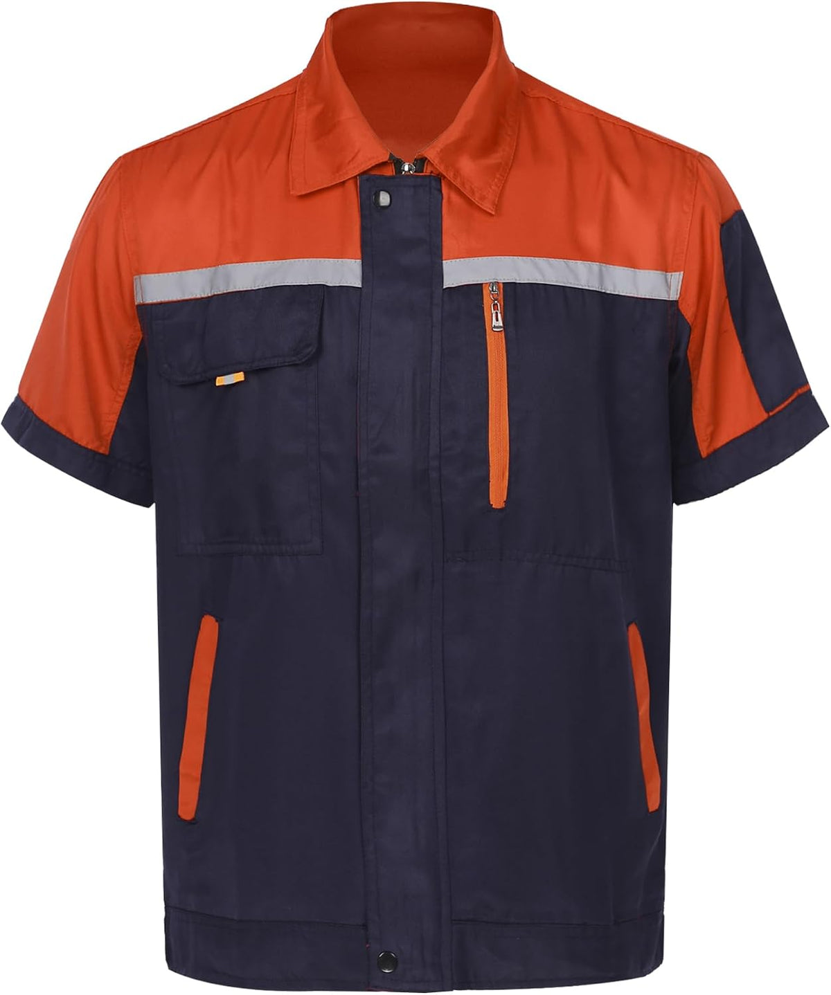 Mens Long Sleeve Work Coat Pocket Shirts Workshop Auto Mechanic Uniform Workwear with Reflective Stripes - Orange&navy