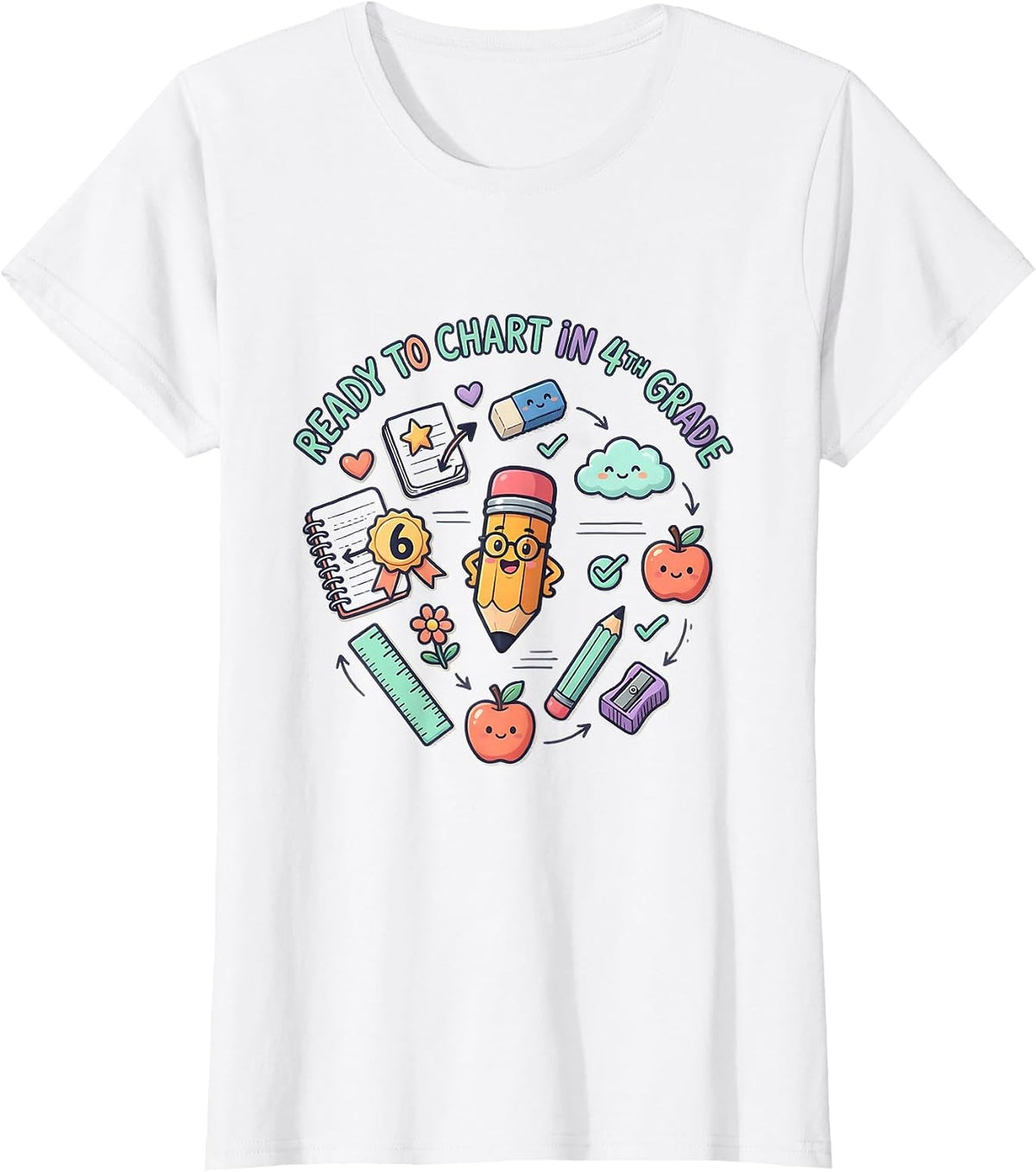 Ready to Chart in 4th Grade Cute Kawaii Stationery Doodle T-Shirt - White