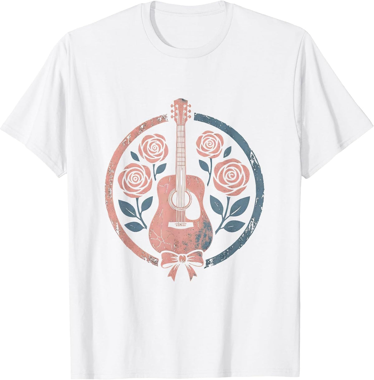 Men's 90s Country Acoustic Guitar Denim and Roses Graphic T-Shirt - White