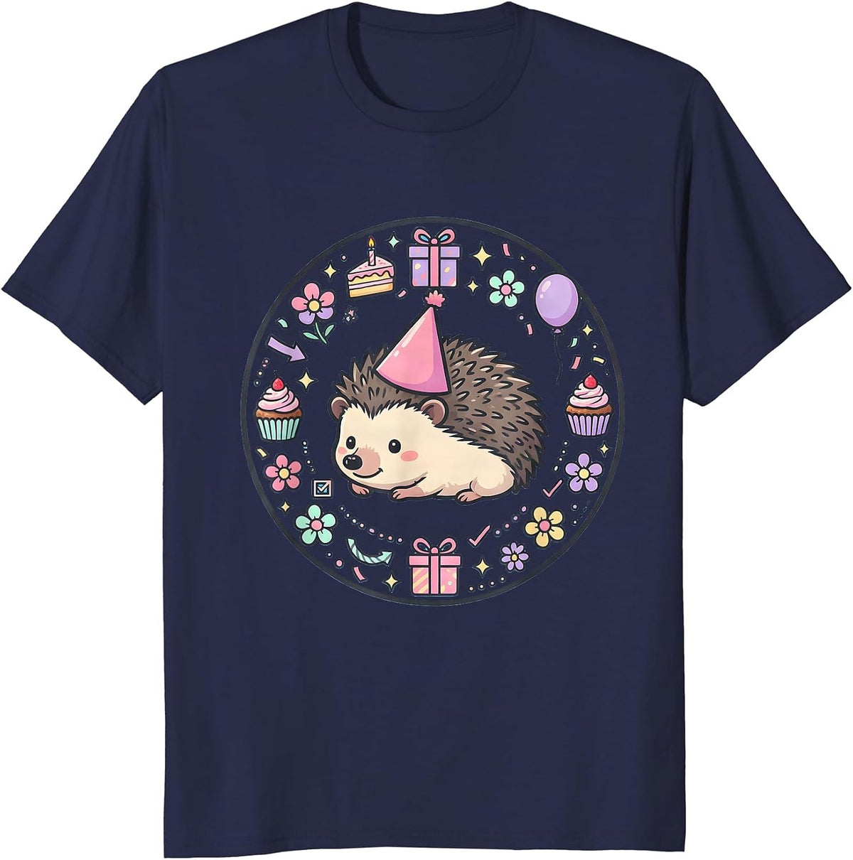 Cute Hedgehog Birthday Party Hat Graphic T-Shirt - Navy Blue