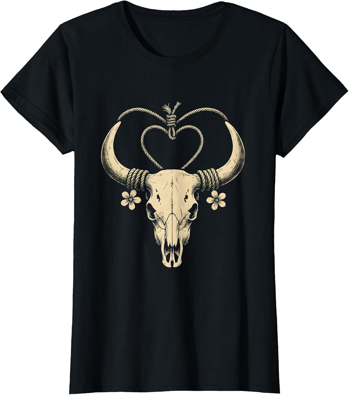 Women's Lasso Heart Western Cowboy Love Graphic Tee T-Shirt - Black