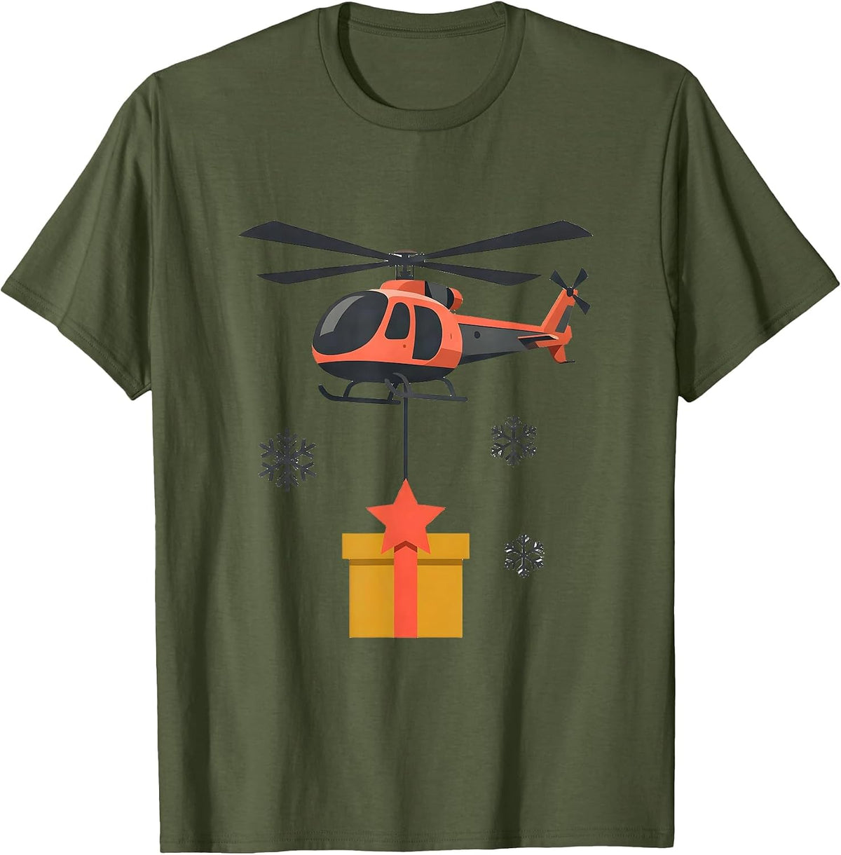 Men's Midcentury Helicopter Star-Bowed Present Aviator Christmas T-Shirt - Olive Green