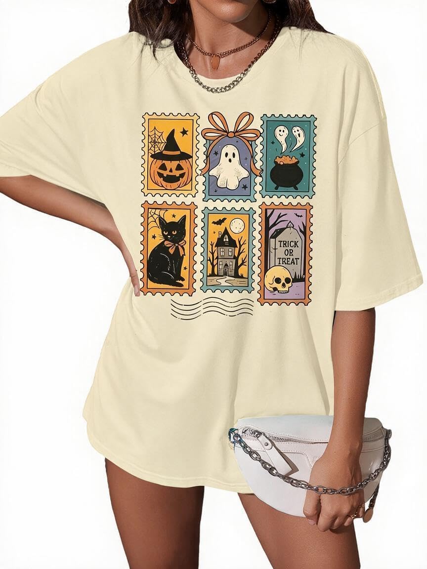 Oversized Halloween Shirts for Women Spooky Season Ghost Graphic T-Shirt - Beige