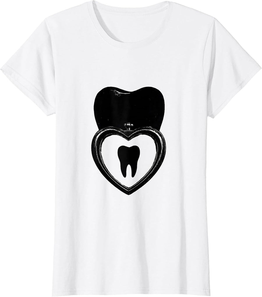 Women's Oversized Molar Heart Locket Dental Professional Humor T-Shirt - White