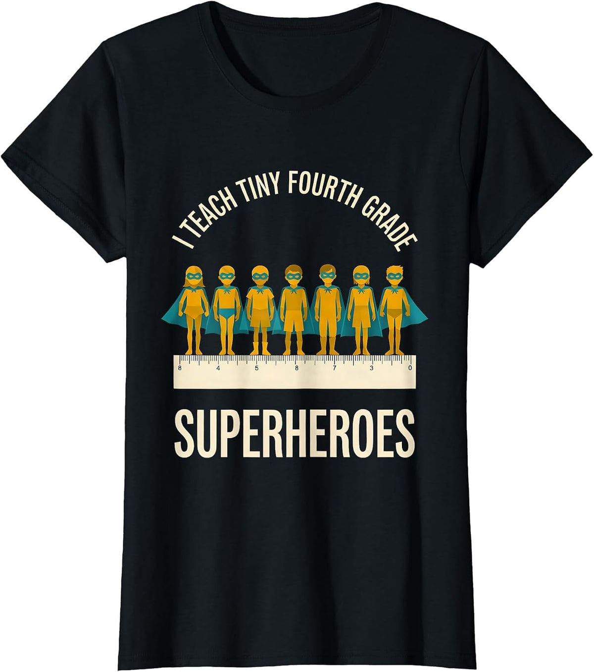 Women's I Teach Tiny Fourth Grade Superheroes Midcentury Modern T-Shirt - Black