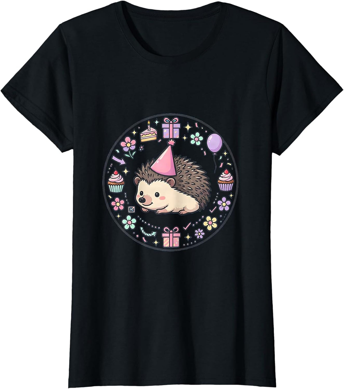 Cute Hedgehog Birthday Party Hat Graphic T-Shirt - Black
