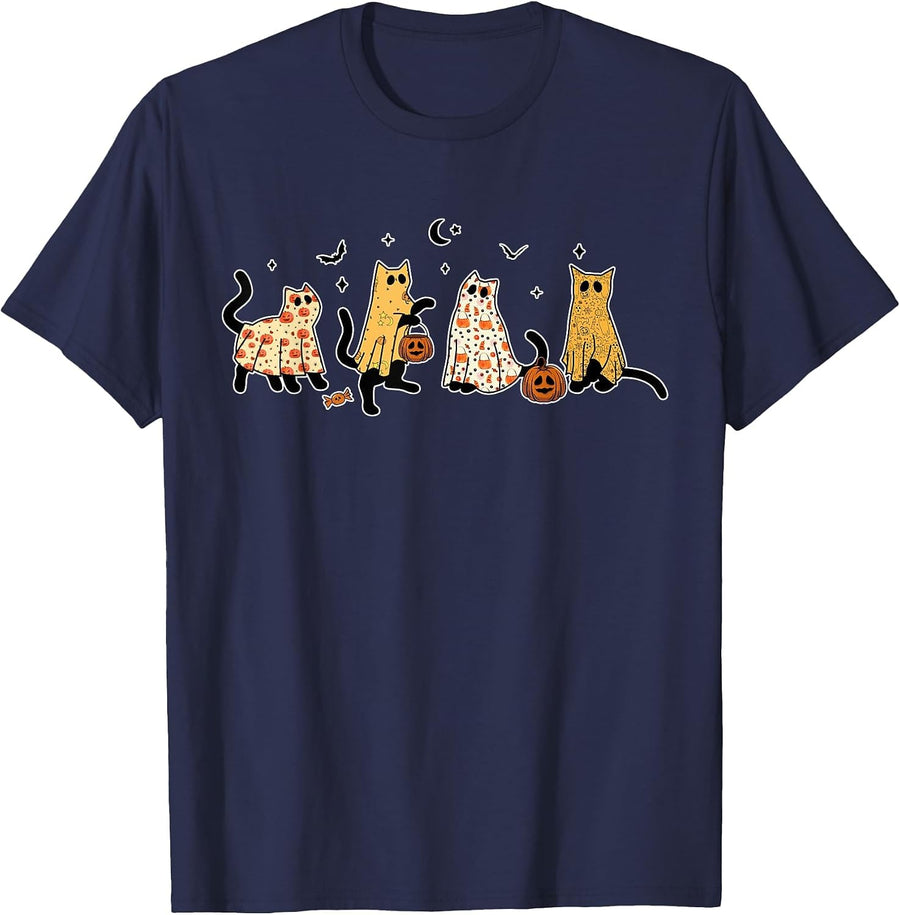 Cute Halloween Cat Shirt Women Men Black Cats Ghost Costume Tees T-Shirts - Navy Blue