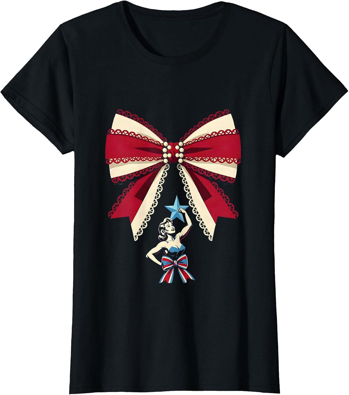 Retro Flexing Star Tattoo Red White Blue Design T-Shirt - Black