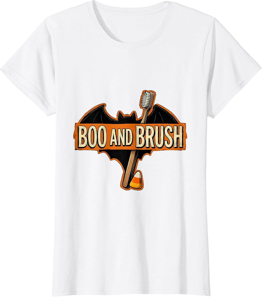 Women's Boo And Brush Funny Dental Hygienist Halloween Pun Humor T-Shirt - White