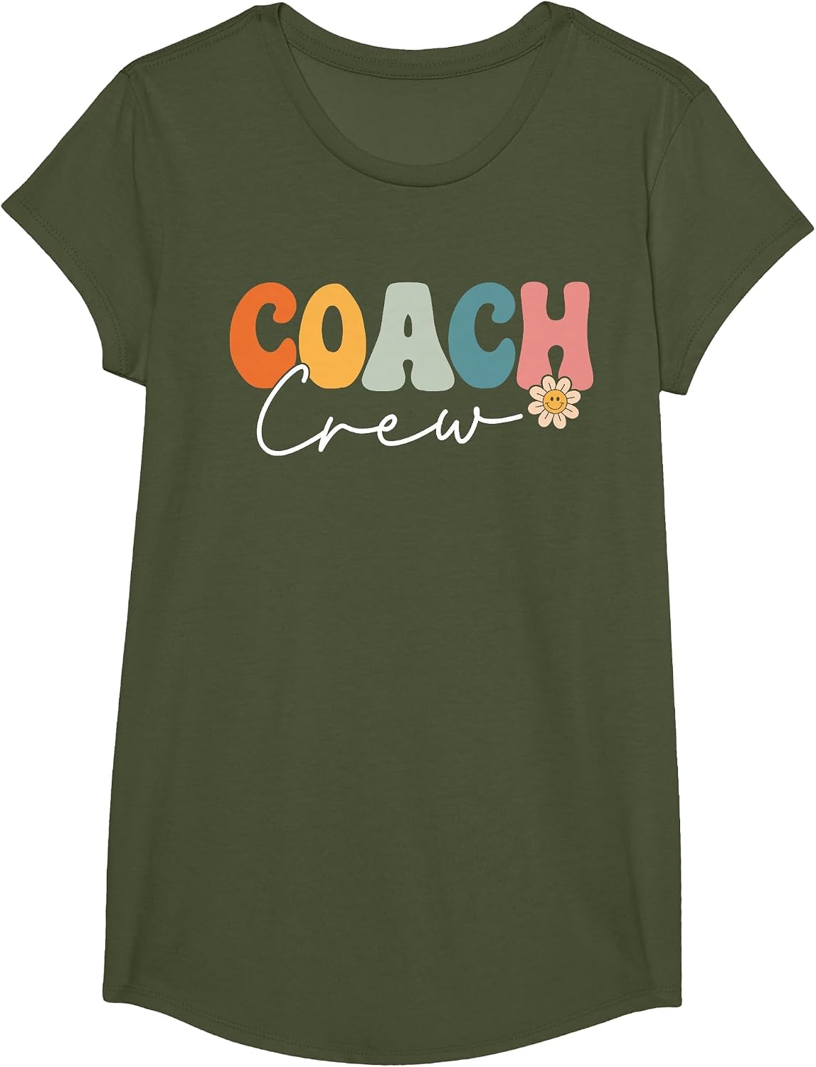 Coach Crew Team Retro Groovy Vintage First Day of School T-Shirt - Girls Olive Green