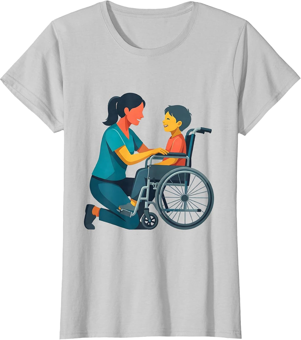 Special Education Teacher Kneeling With Wheelchair Child T-Shirt - Silver Grey