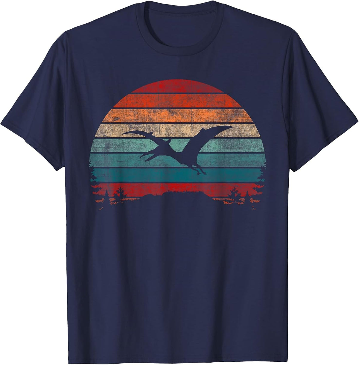 Retro Sunset Jurassic Pteranodon Dinosaur T-Shirt - Navy Blue