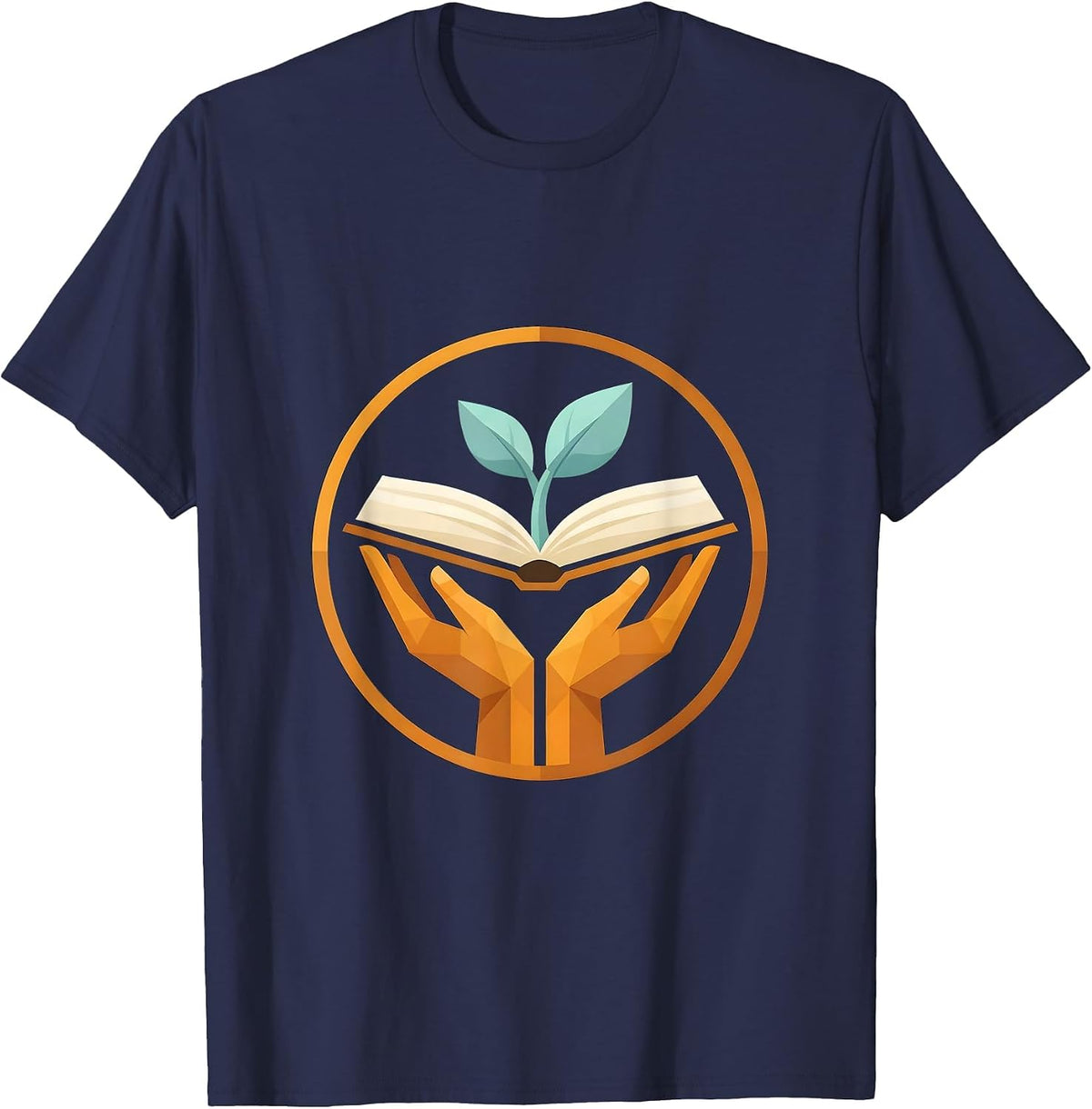 Teacher Hands Seedling Book Growth Graphic T-Shirt - Navy Blue