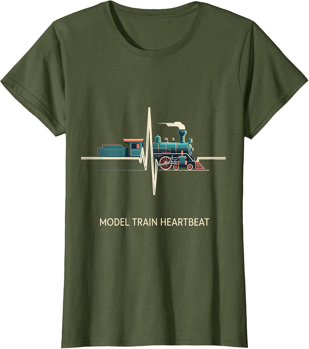 Women's Model Train Heartbeat Flat Vector Rail Enthusiast Hobby Gift T-Shirt - Olive Green