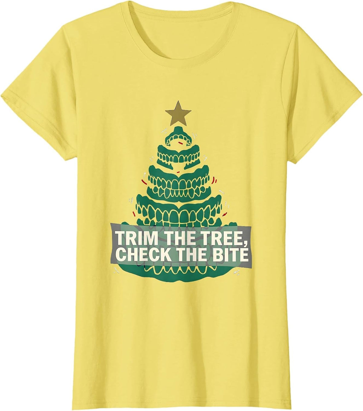 Trim The Tree Check The Bite Funny Dentist Christmas Dental T-Shirt - Lemon Yellow