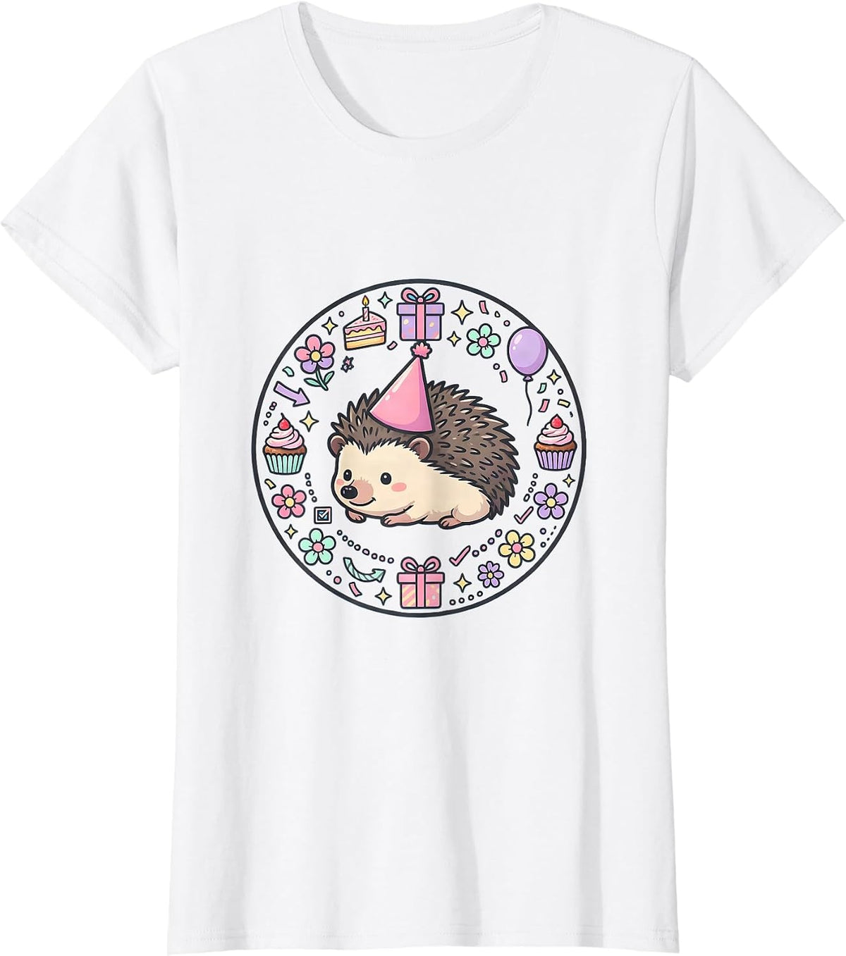 Cute Hedgehog Birthday Party Hat Graphic T-Shirt - White