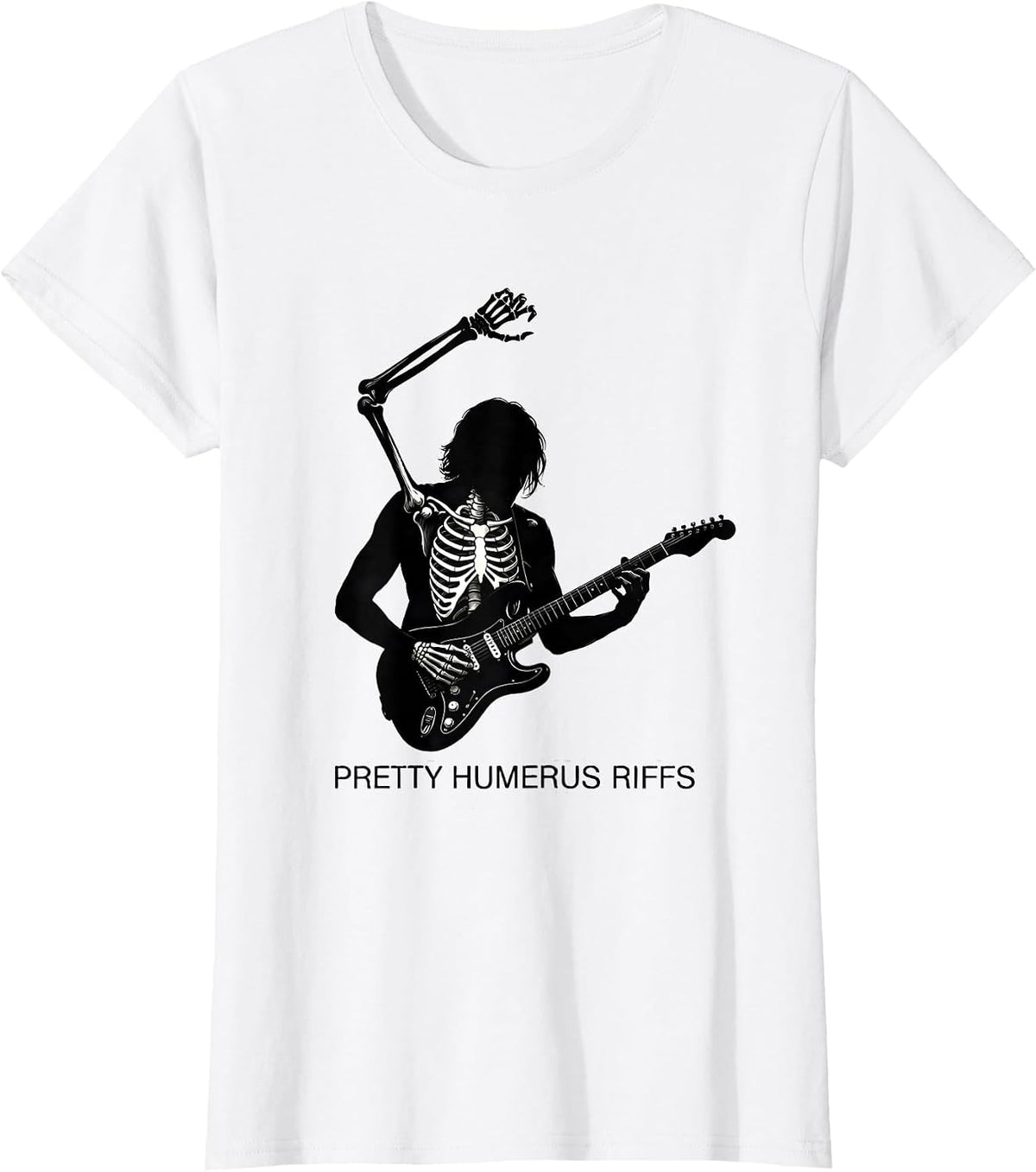 Pretty Humerus Riffs Bold Skeleton Guitarist Halloween T-Shirt - White