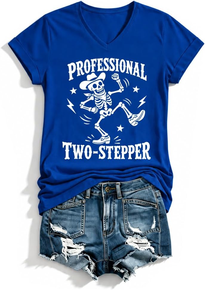 Professional Two Stepper Shirt Funny Dancing Skeleton Western Tee - Royal Blue-vn