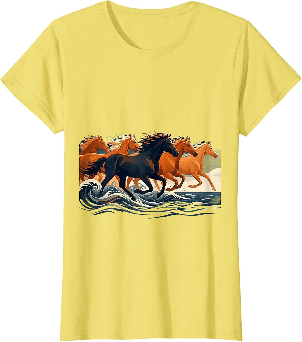 Wild Horses Galloping Through Ocean Surf T-Shirt - Lemon Yellow