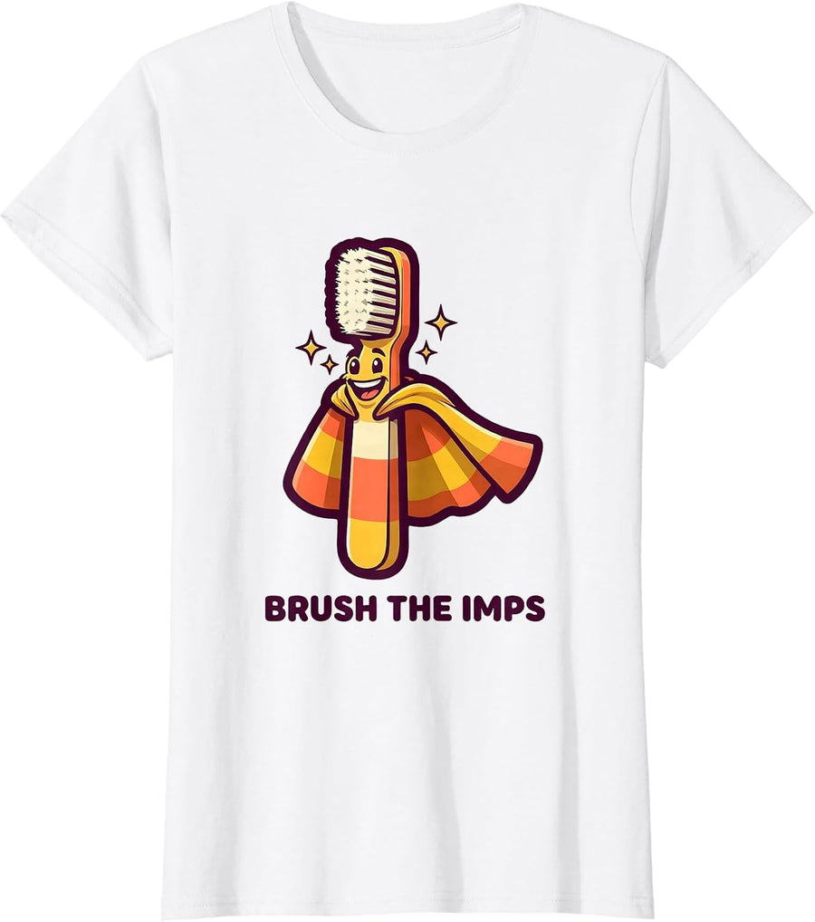 Women's Brush the Imps Mascot Logo Funny Dental Halloween Costume T-Shirt - White