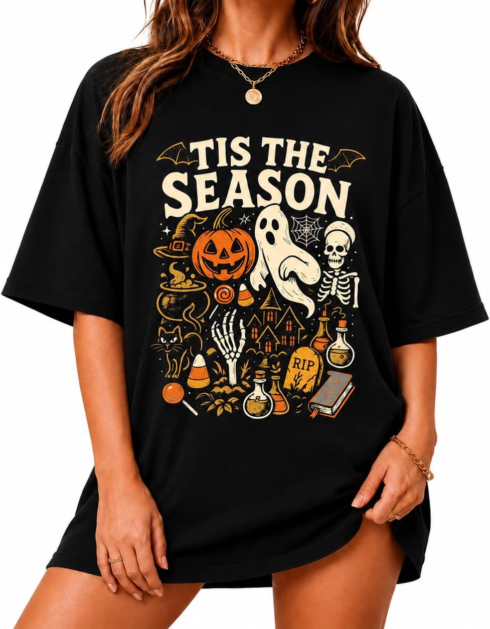 Women’s Halloween Shirt Spooky Graphic Tee Pumpkin Ghost Fall Oversized Top - Black