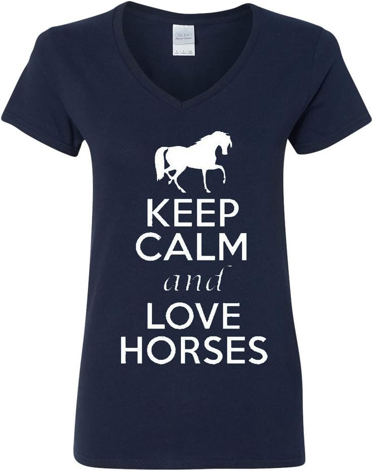 V-Neck Ladies Keep Calm and Love Horses Animal Lover T-Shirt Tee - Navy Blue