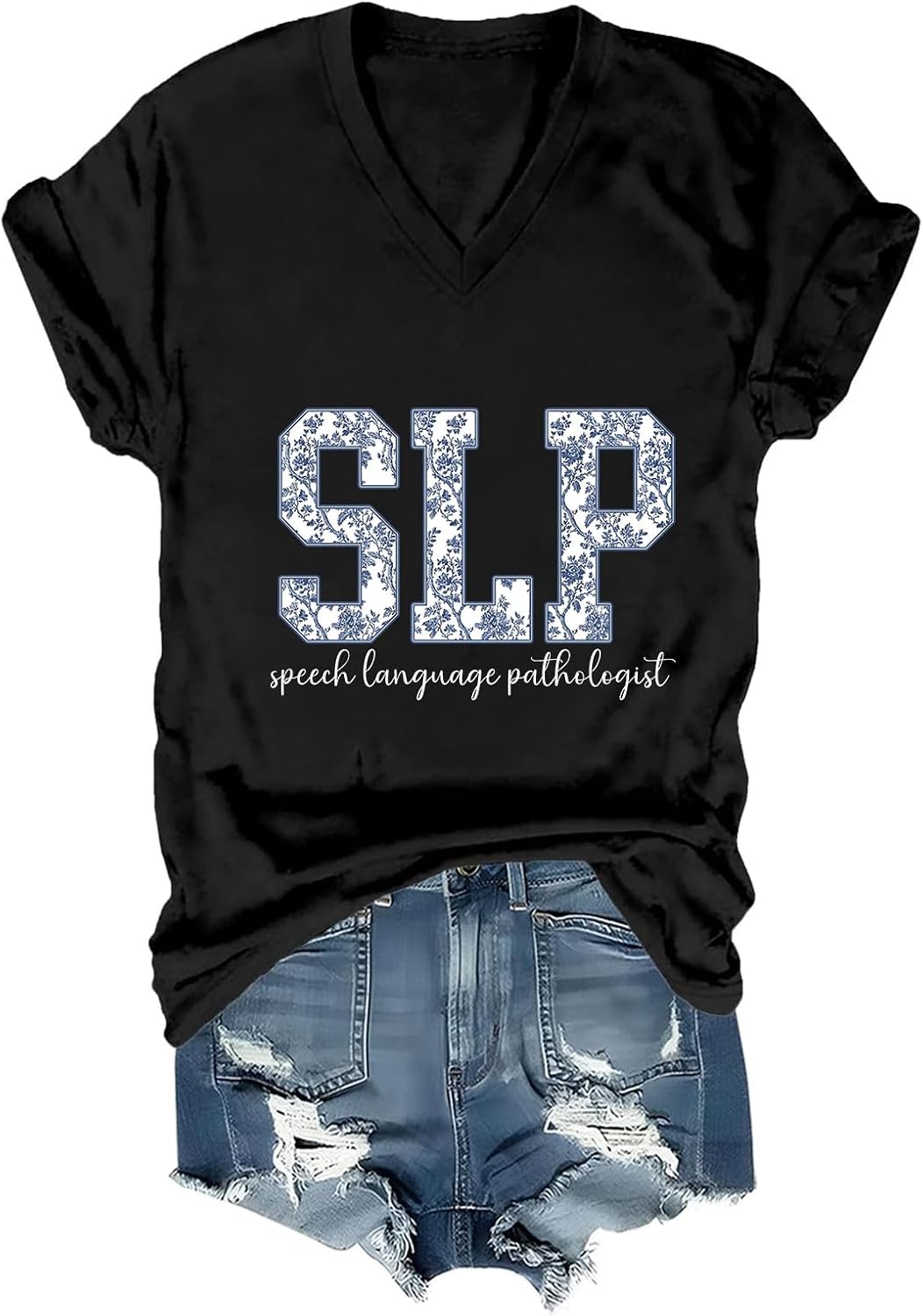 Speech Language Pathologist Shirt SLP V-Neck Shirts Florals Speech Therapist V Tee - Black