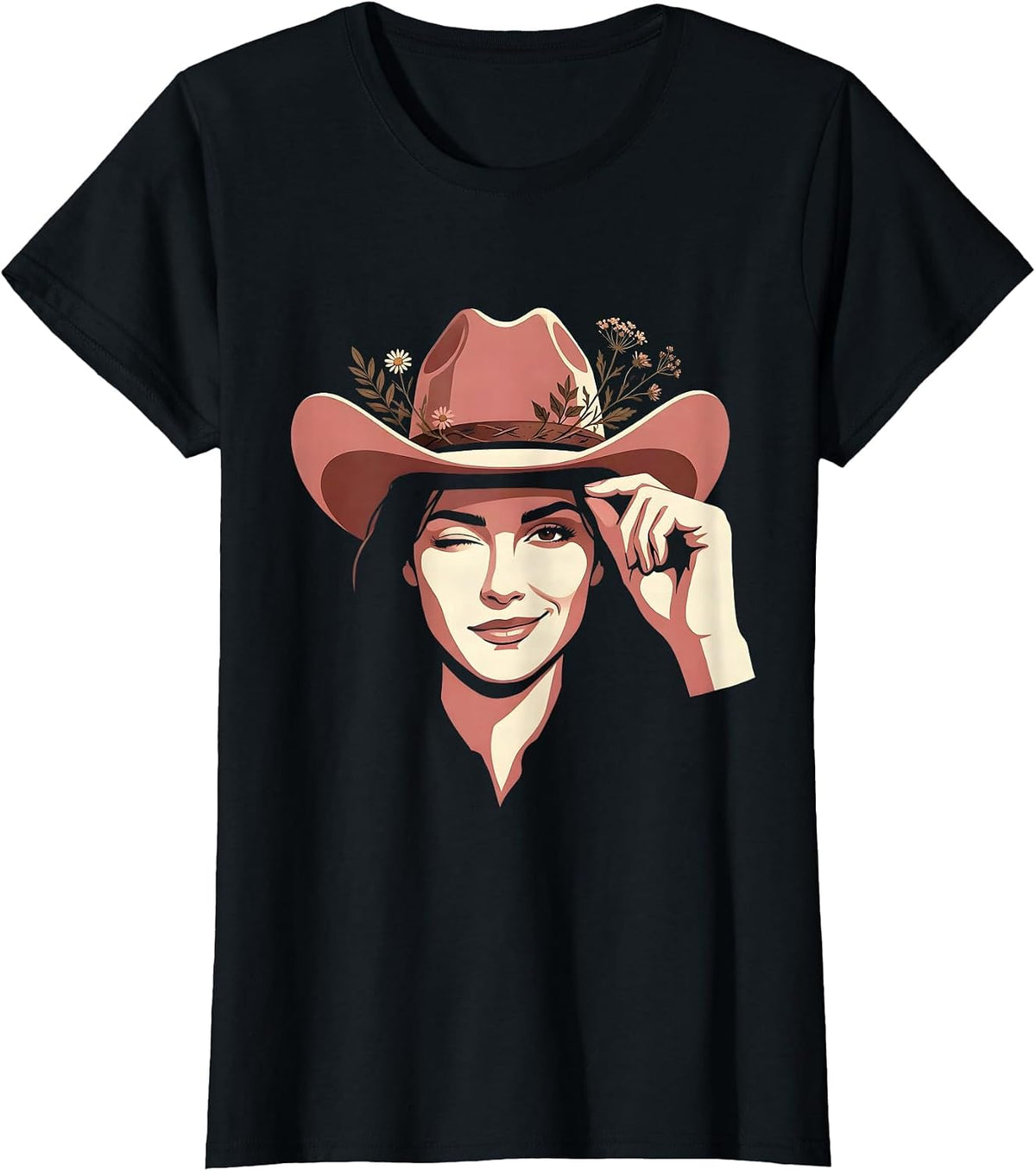 Women's Cowgirl Hat Tip Wink Western Graphic Tee T-Shirt - Black