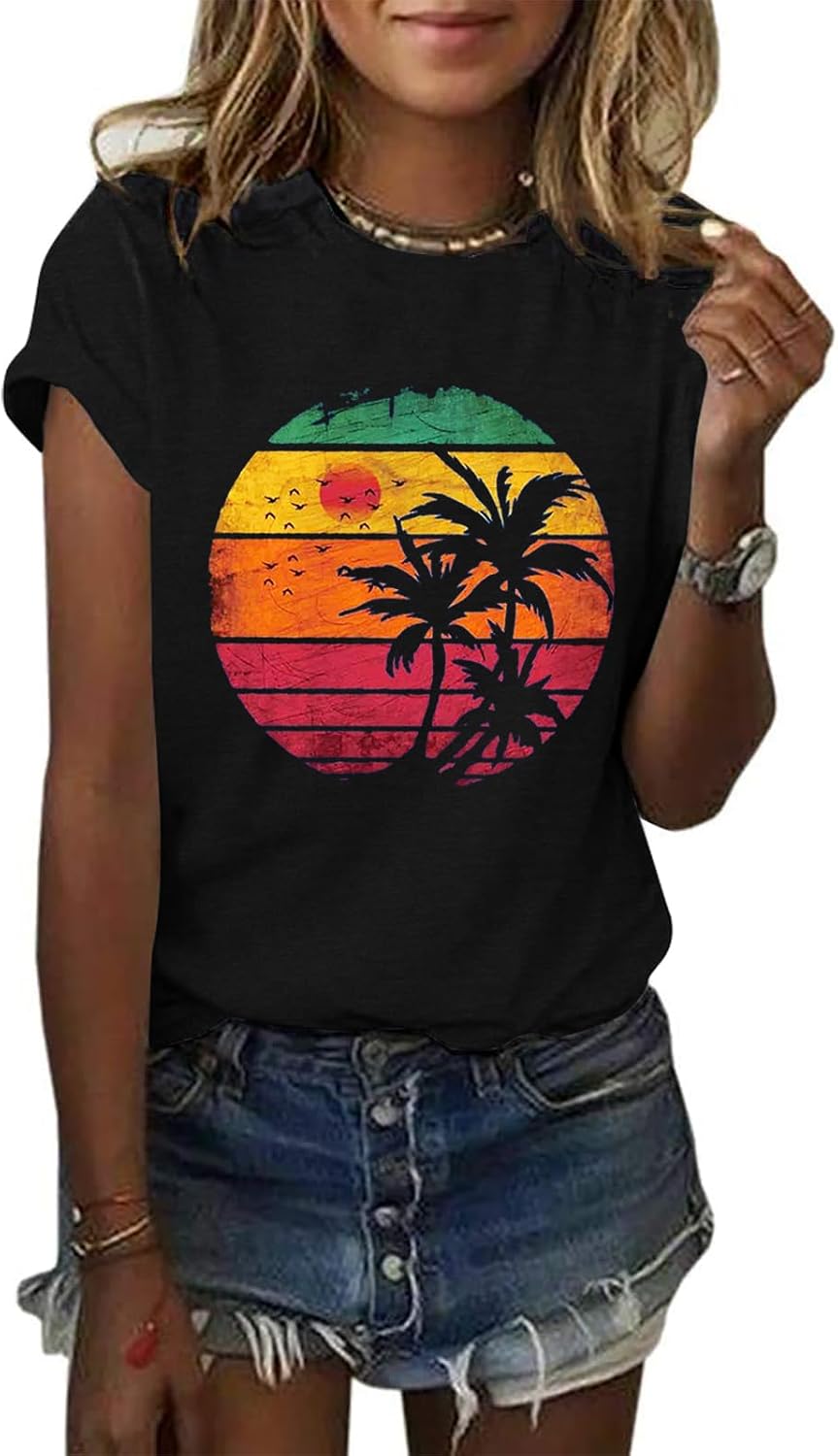 GEMLON Graphic Tees for Women Print Short Sleeve Tops Summer Casual T-Shirt - S Black