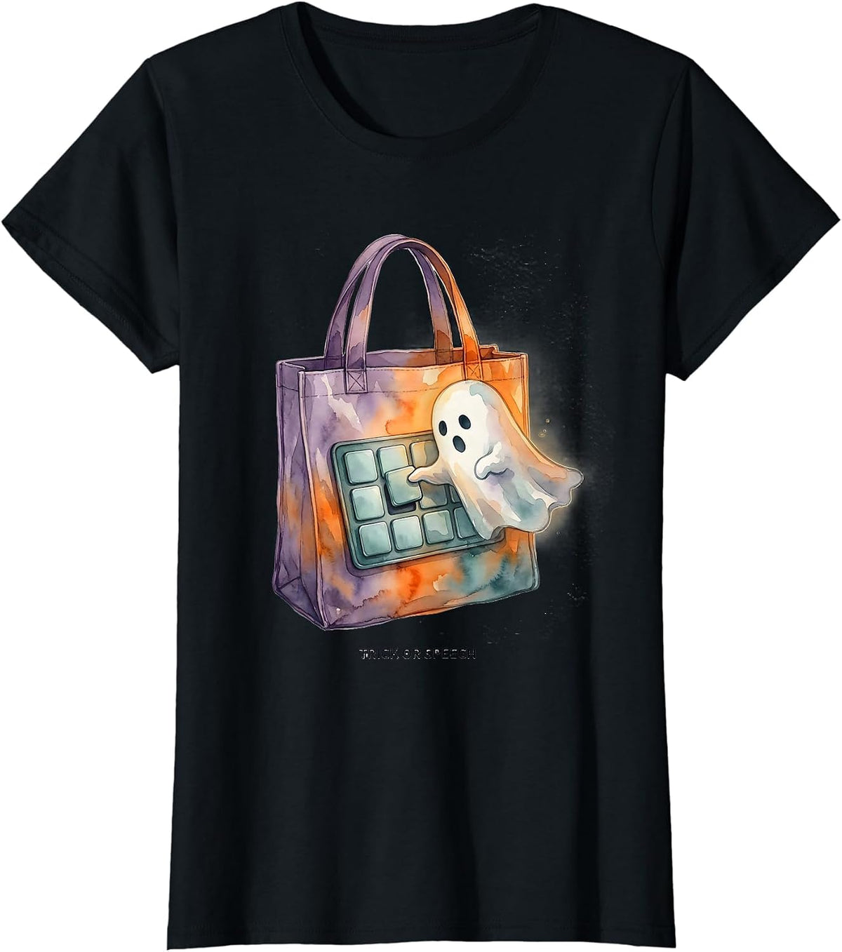 Women's Trick or Speech Watercolor Halloween Speech Therapy SLP T-Shirt - Black