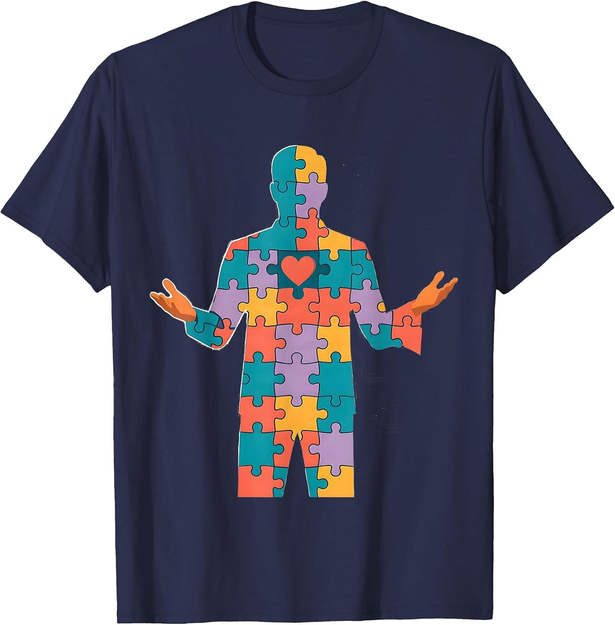 Sped Teacher Puzzle Piece Human Silhouette Design T-Shirt - Navy Blue