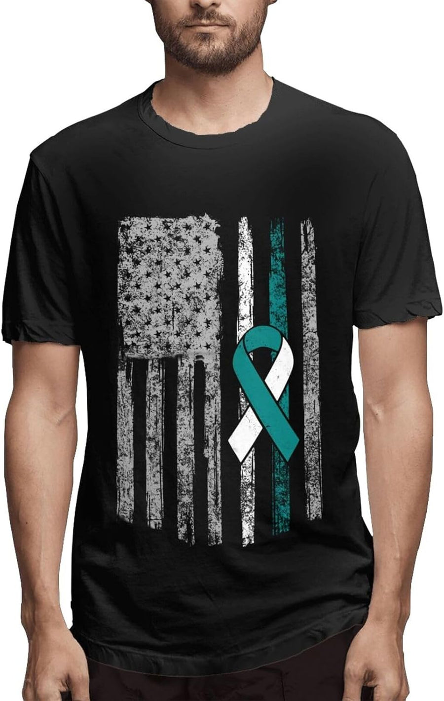 Men's T-Shirt Soft Fitted Modern Crewneck Tee, Short Sleeve Cotton T Shirt for Men - Cervical Cancer Awareness America Flag