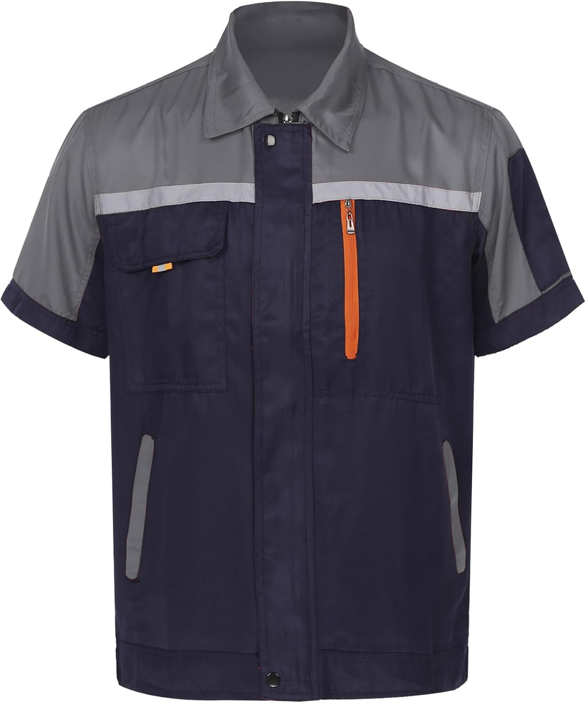 Mens Long Sleeve Work Coat Pocket Shirts Workshop Auto Mechanic Uniform Workwear with Reflective Stripes - Gray&navy