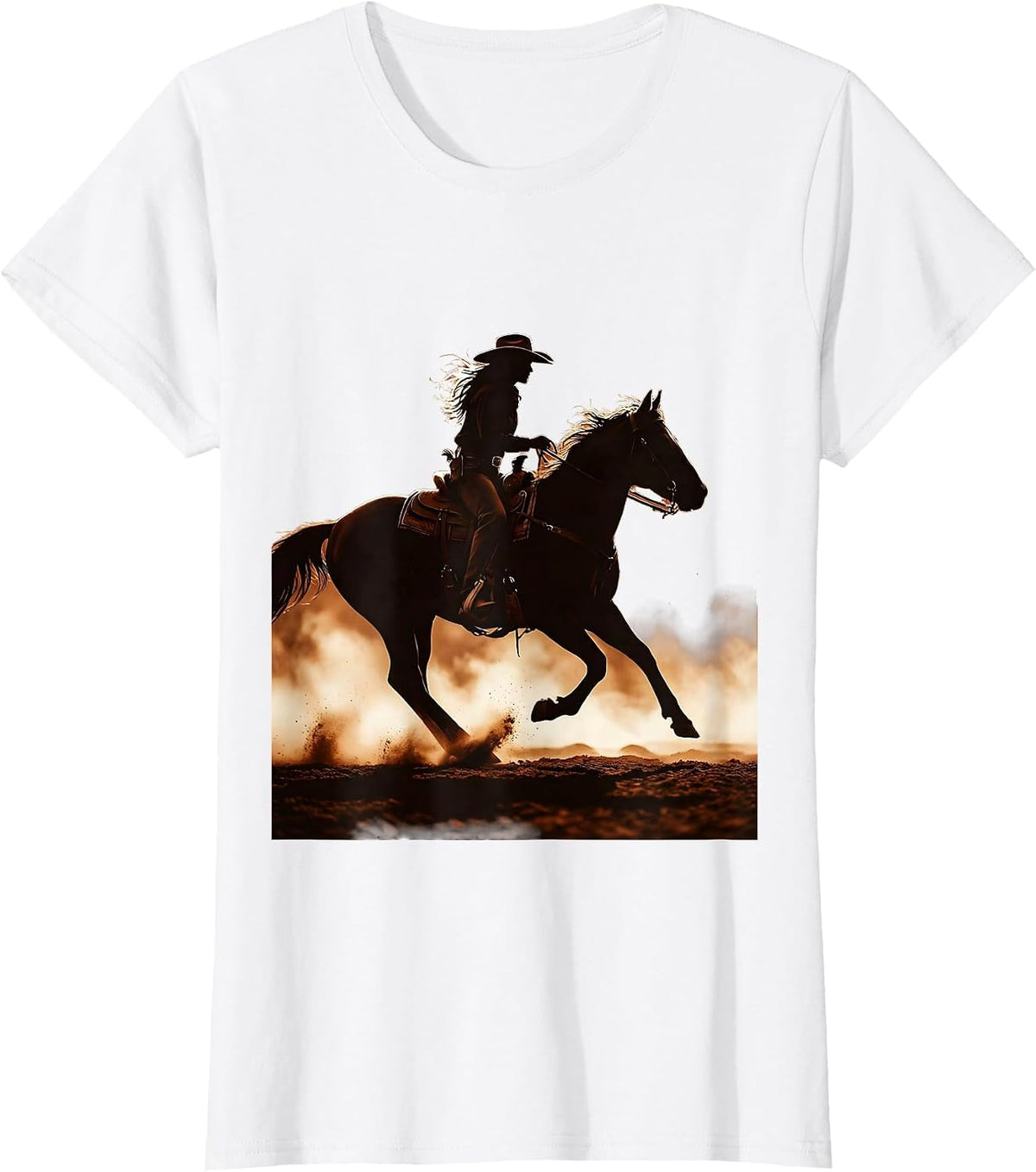 White Cowgirl Riding Horse Through Dusty Trail T-Shirt - White