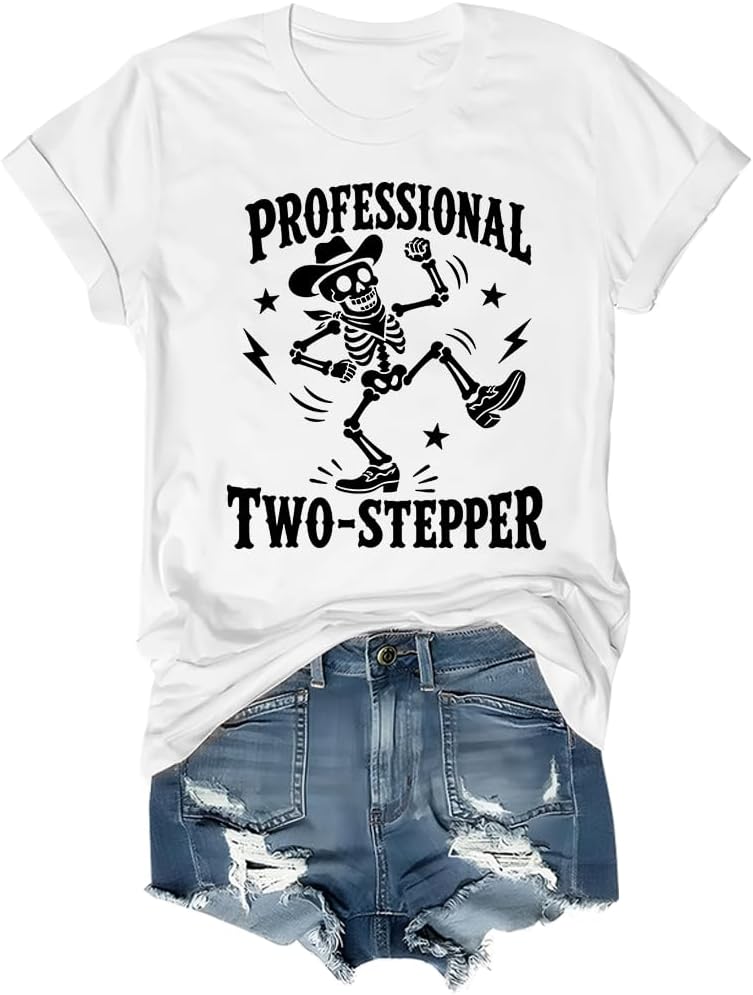 Professional Two Stepper Shirt Funny Dancing Skeleton Western Tee - White-rn