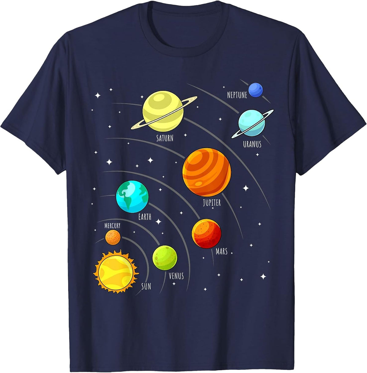 Kids Colorful Planets Solar Systems Space Science Boys Girls T-Shirt - Navy Blue