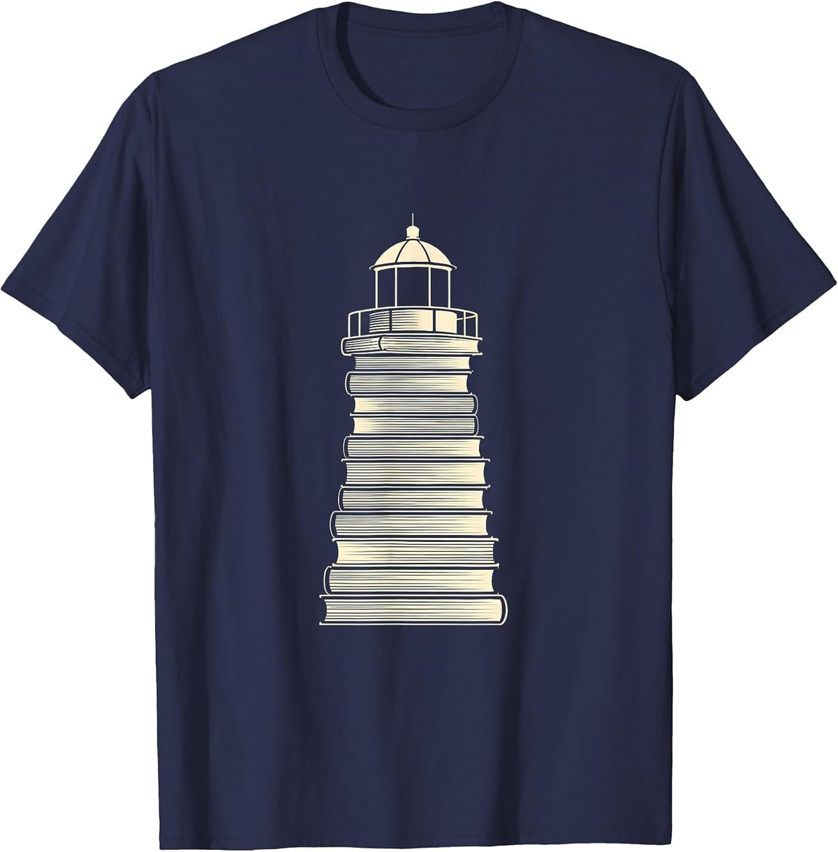 Reading Teacher Lighthouse Built from Stacked Books T-Shirt - Navy Blue