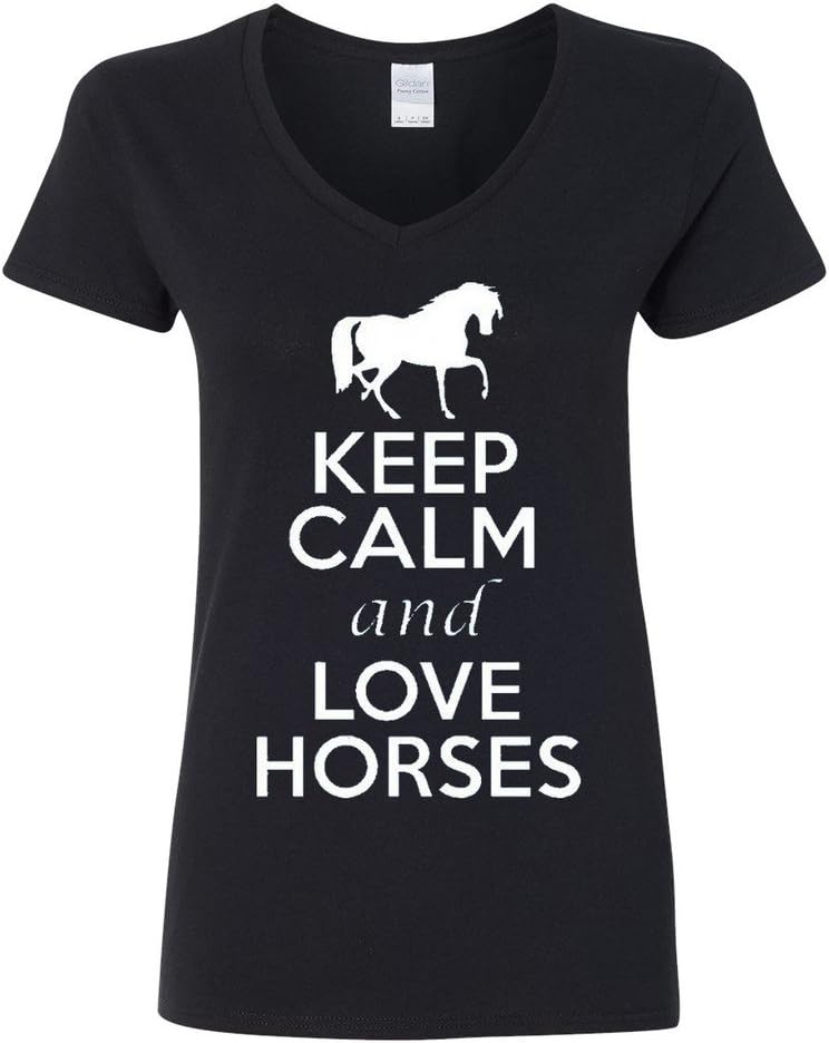 V-Neck Ladies Keep Calm and Love Horses Animal Lover T-Shirt Tee - Black