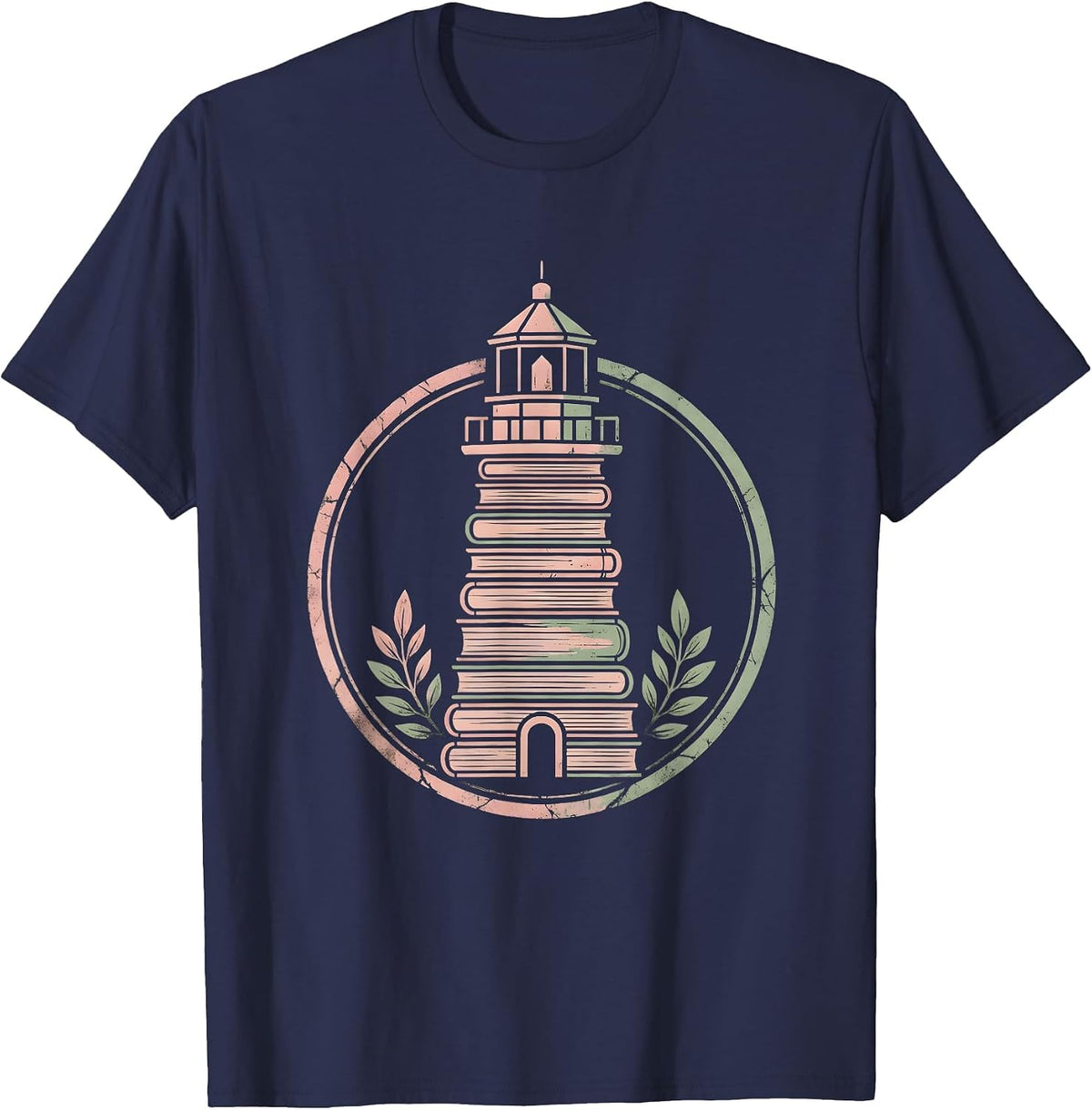 Lighthouse Made of Stacked Books Reading Teacher T-Shirt - Navy Blue