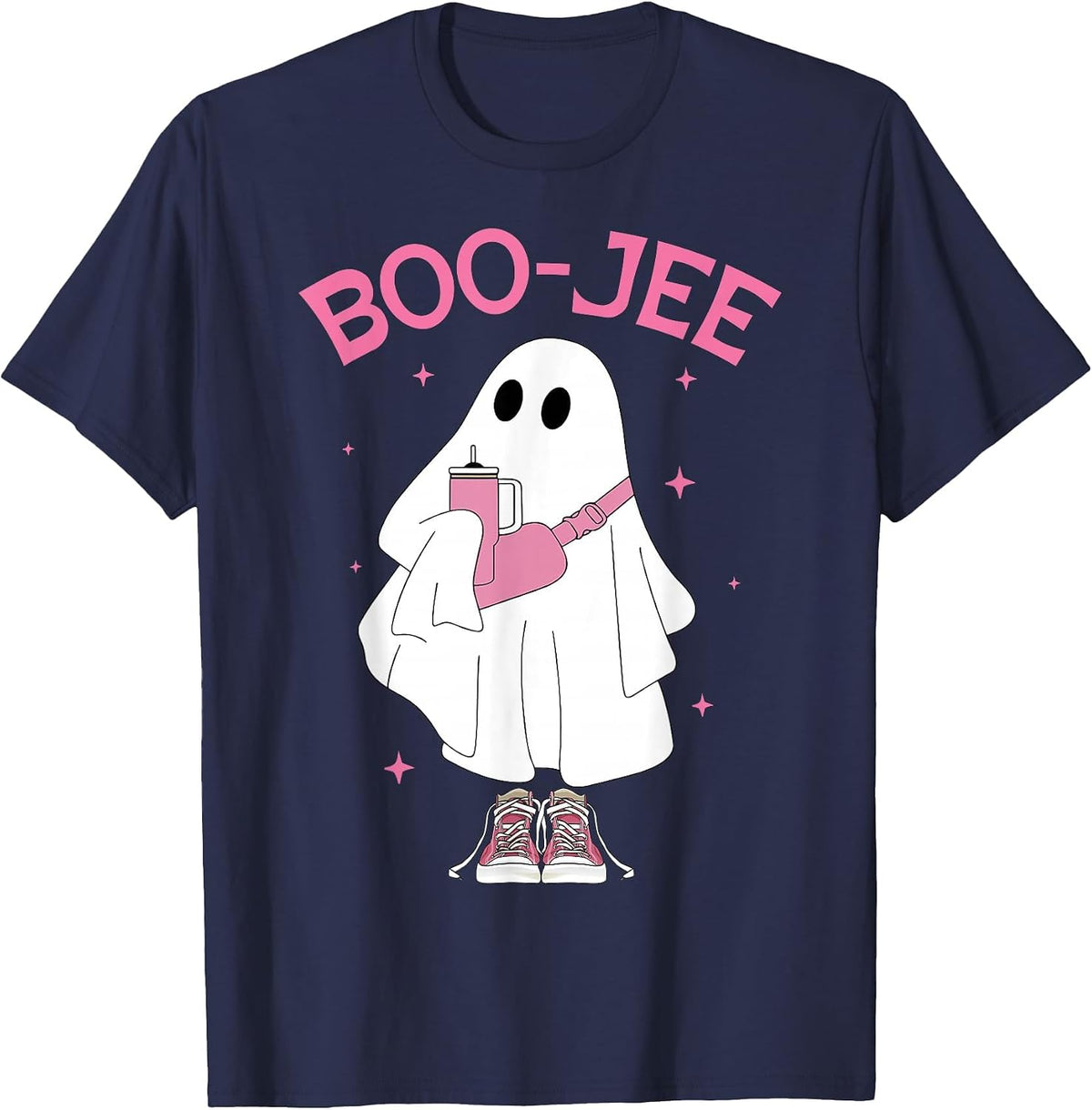 Boo-JEE Spooky Season Ghost Pink Halloween Pumpkin Boujee T-Shirt - Navy Blue