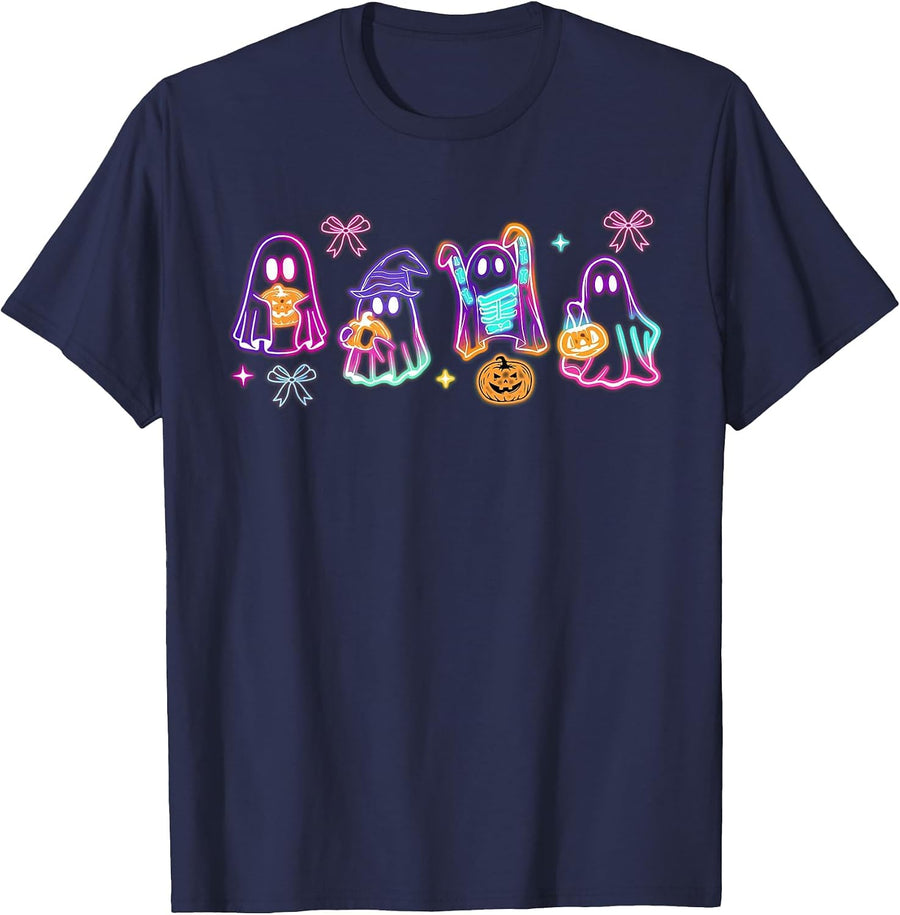 Spooky Season Ghost Neon Coquette Halloween Boujee Boo-JEE T-Shirt - Navy Blue