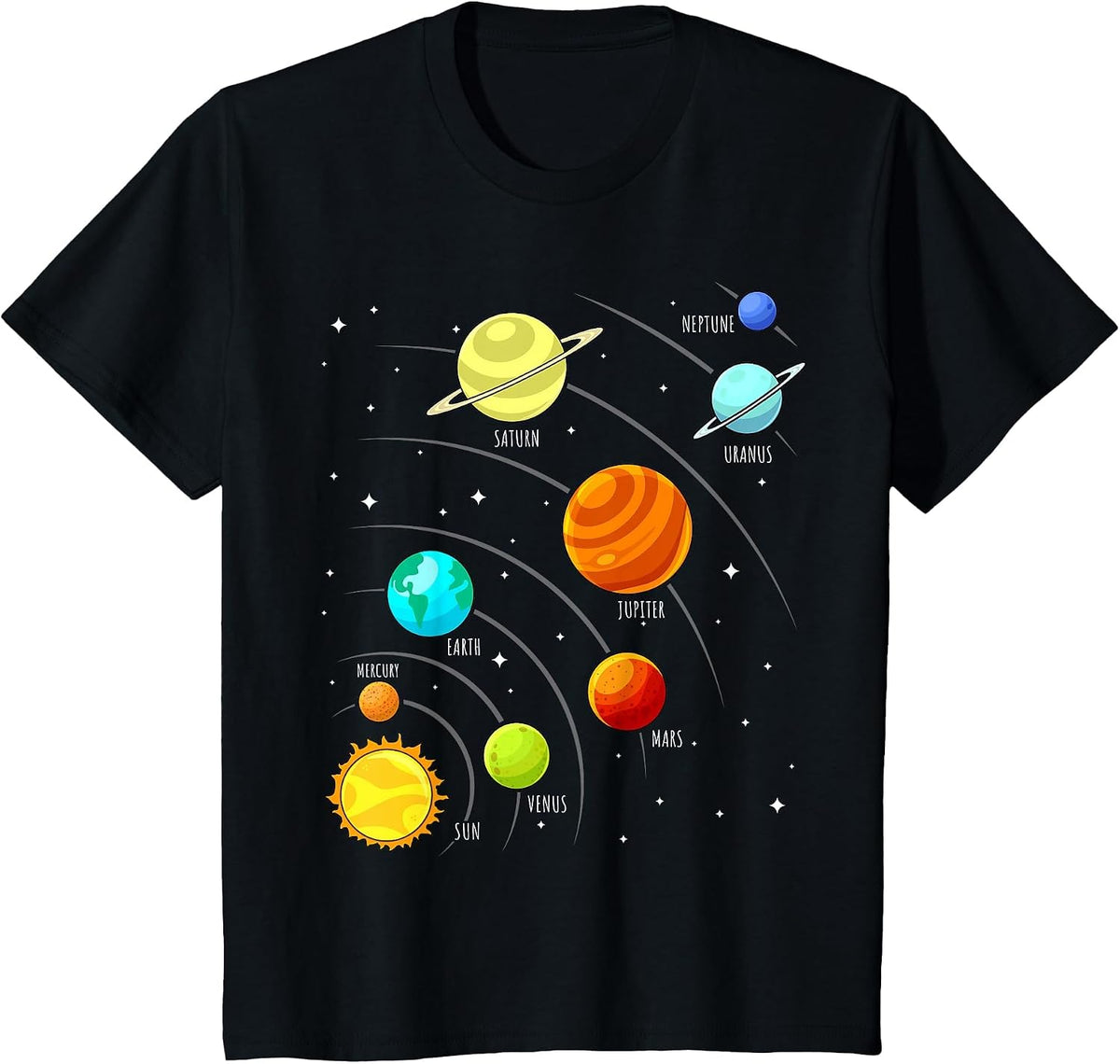 Kids Colorful Planets Solar Systems Space Science Boys Girls T-Shirt - Black