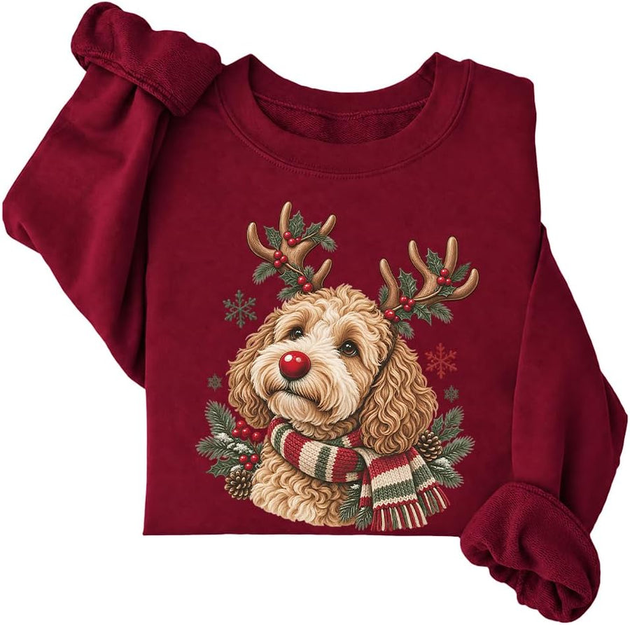 Goldendoodle Christmas Sweatshirts for Women Golden Retriever Sweatshirt - Crew Neck Claret-7