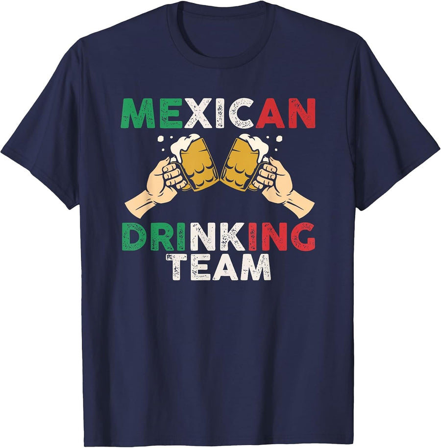 Cheers Mexican Drinking Team Funny Mexico Flag Beer Mugs T-Shirt - Navy Blue