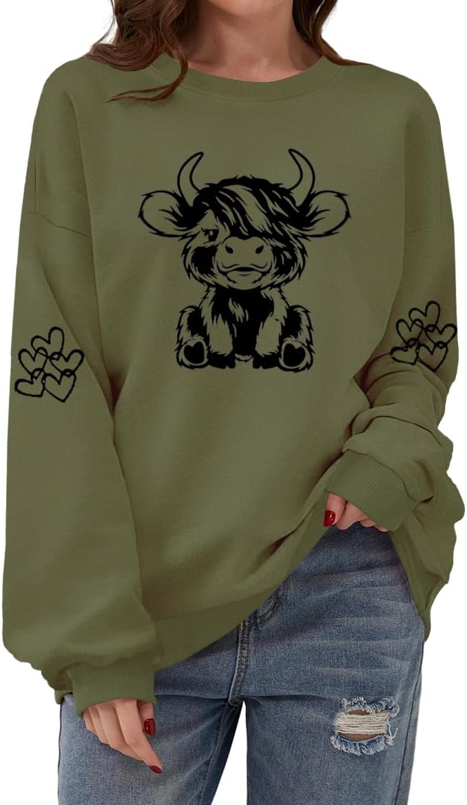 Women Highland Cow Sweatshirt Cute Cowgirl Christmas Farm Sweatshirt - 1-army Green